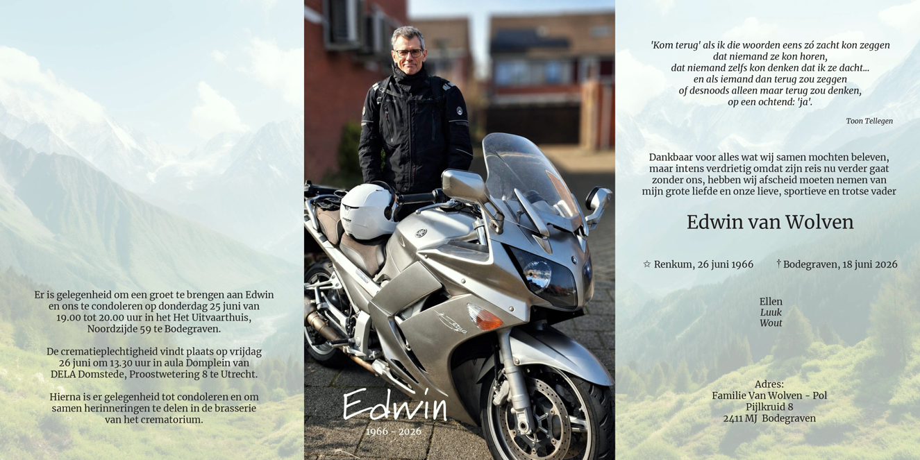 Composición de homenaje a Edwin van Wolven con un retrato suyo junto a una motocicleta.